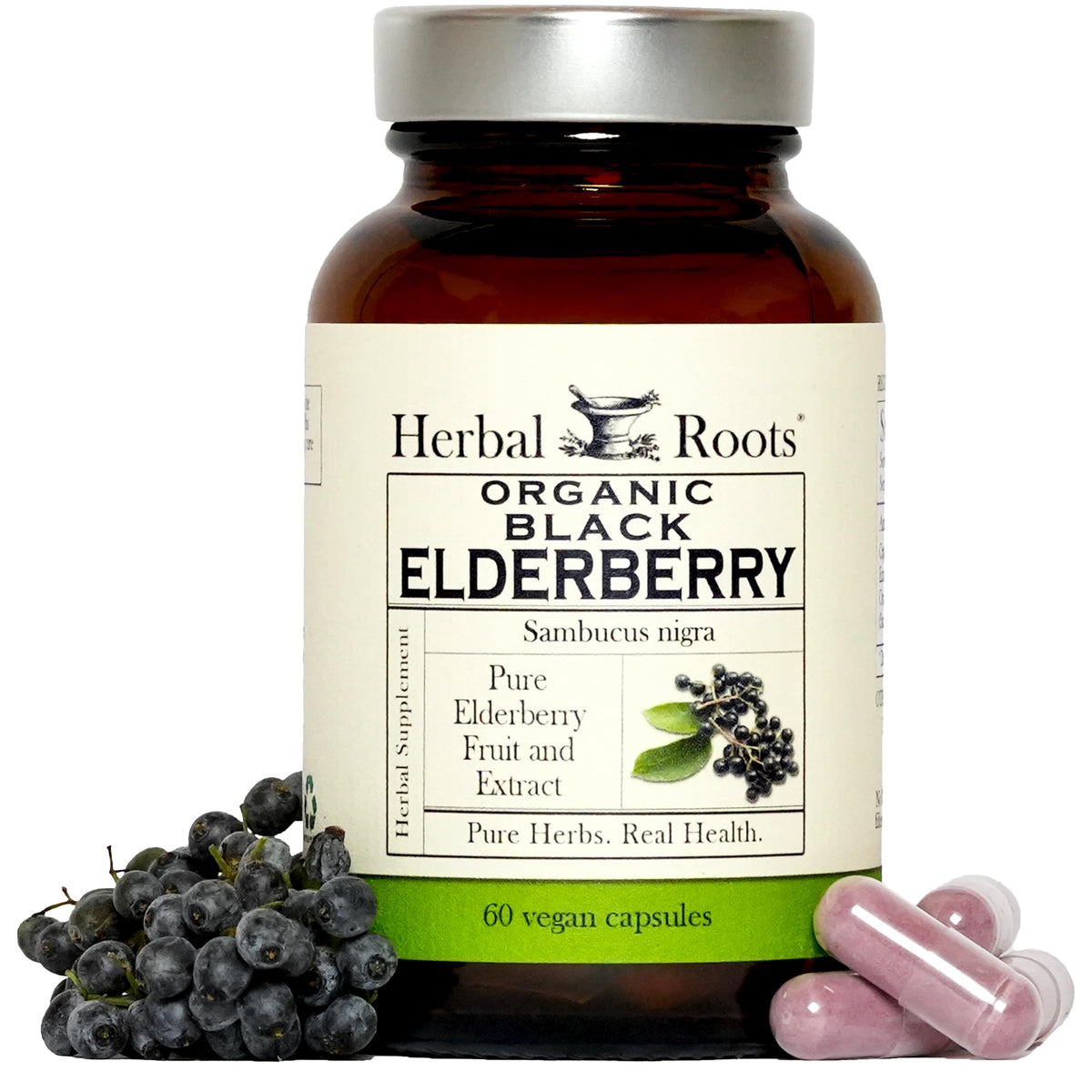 Flacon de capsules de sureau noir bio Herbal Roots vue avant