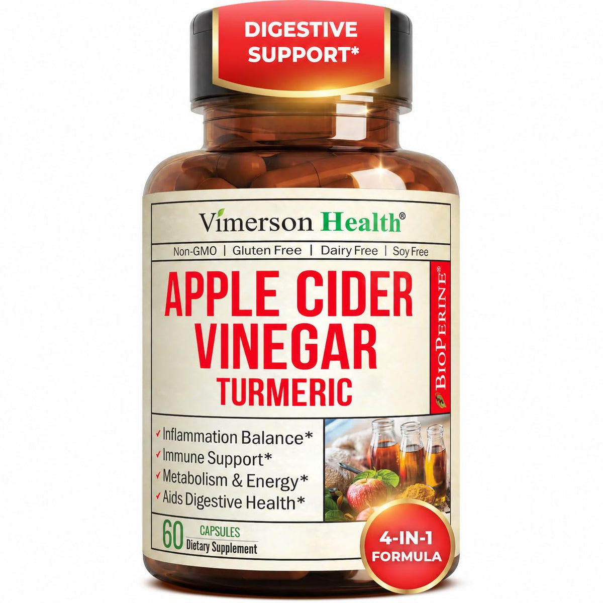 Flacon de capsules de vinaigre de cidre de pomme et curcuma Vimerson Health