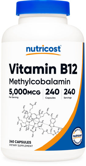 Flacon de capsules de Vitamine B12 Nutricost 5000mcg vue de face