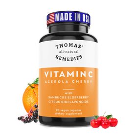 Flacon de capsules de vitamine C avec sureau bio, vue de face
