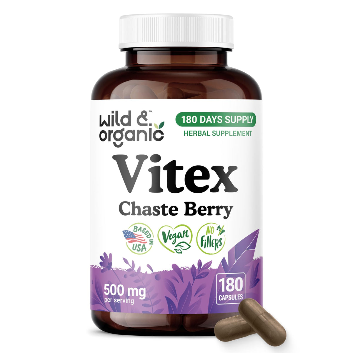 Flacon de capsules de Vitex Chasteberry Wild & Organic de 180 comprimés