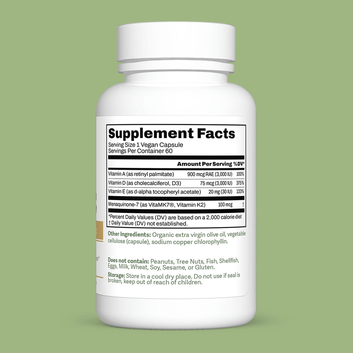 Flacon de capsules Dr. Murray K2 D3 A E avec des ingrédients