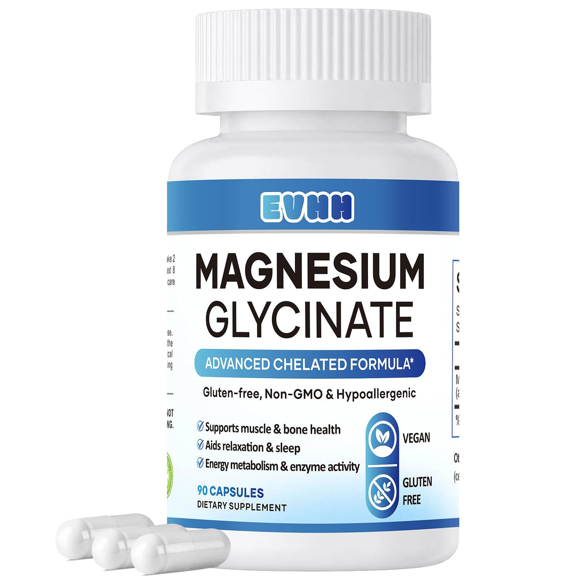 Flacon de capsules EVHH de glycinate de magnésium 240mg, vue avant
