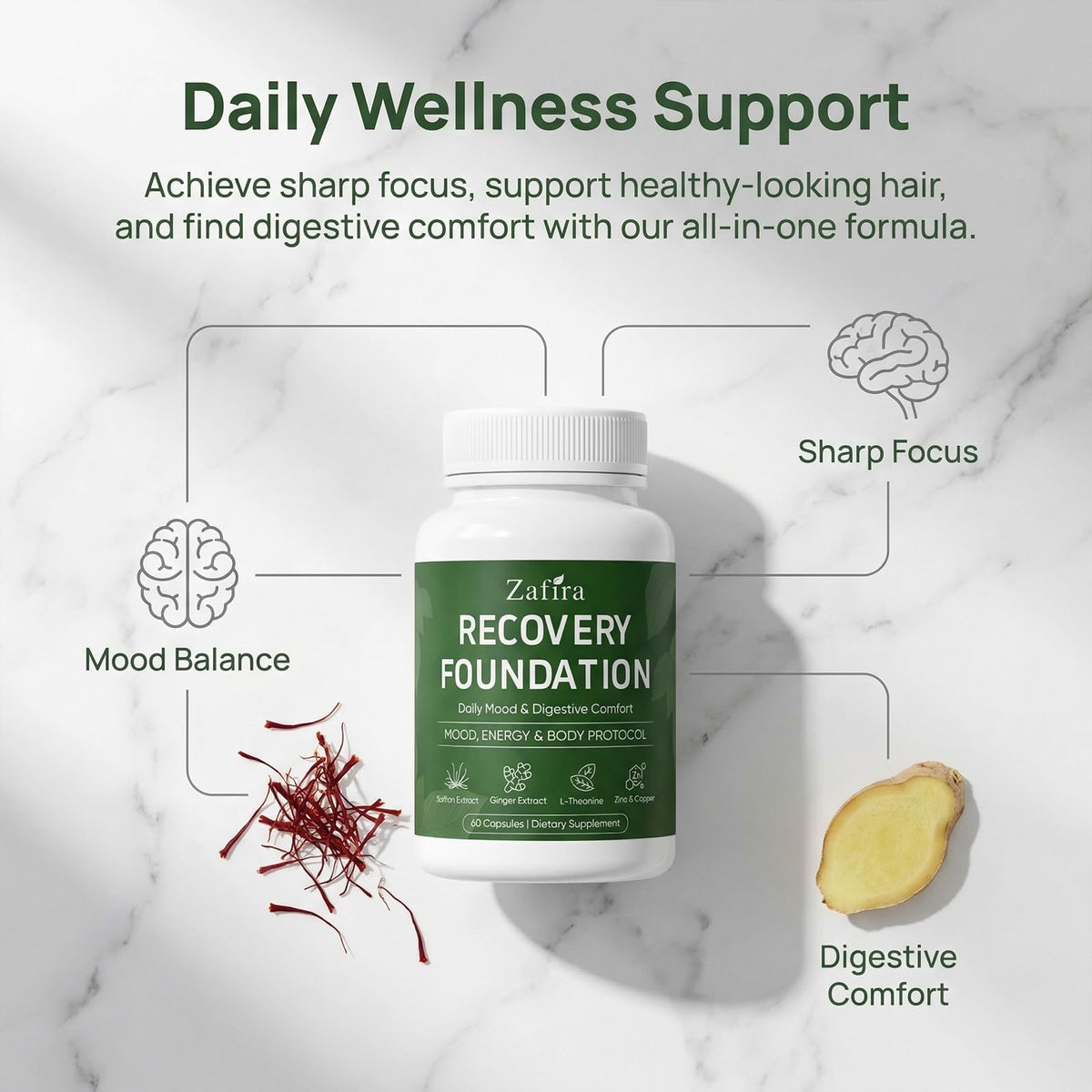 Flacon de capsules GLORAMD Zafira Organics avec étiquette