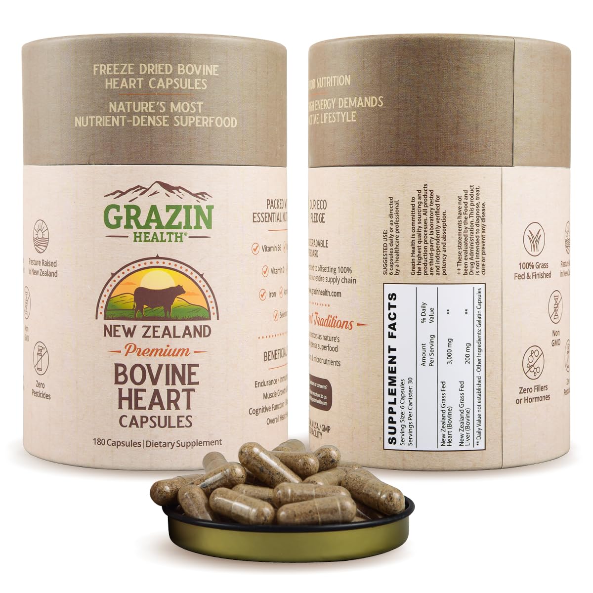 Flacon de capsules GRAZIN HEALTH de cœur et foie bovin 3000mg, vue avant