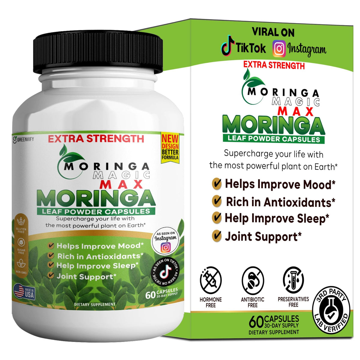 Flacon de capsules GREENVIFY Moringa Magic Max 800mg 60 capsules végétales
