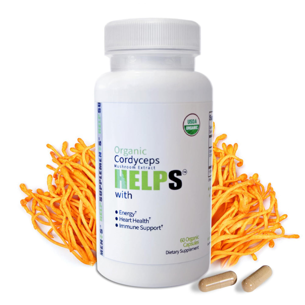 Flacon de capsules Help Supplements Champignon Cordyceps 1000mg, face avant