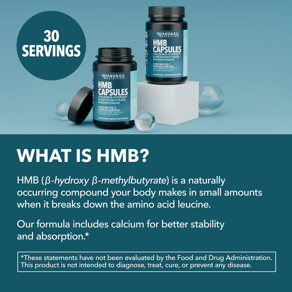 Flacon de capsules HMB 2000mg avec dosage et instructions