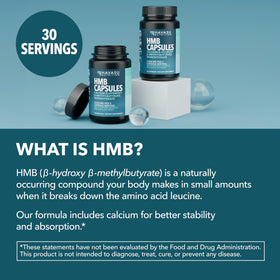 Flacon de capsules HMB 2000mg avec dosage et instructions