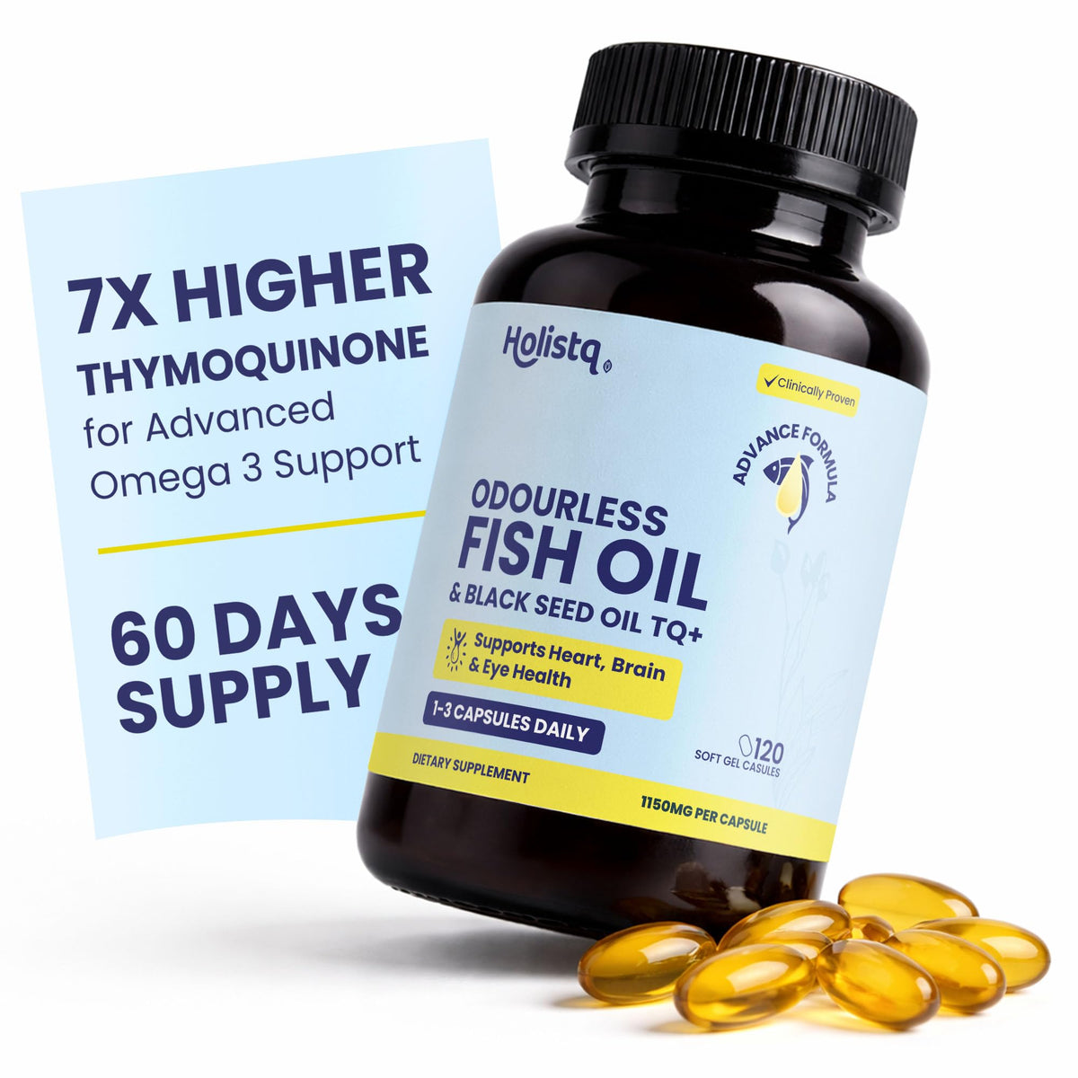 Flacon de capsules HOLISTQ d'huile de graines noires et huile de poisson, vue avant