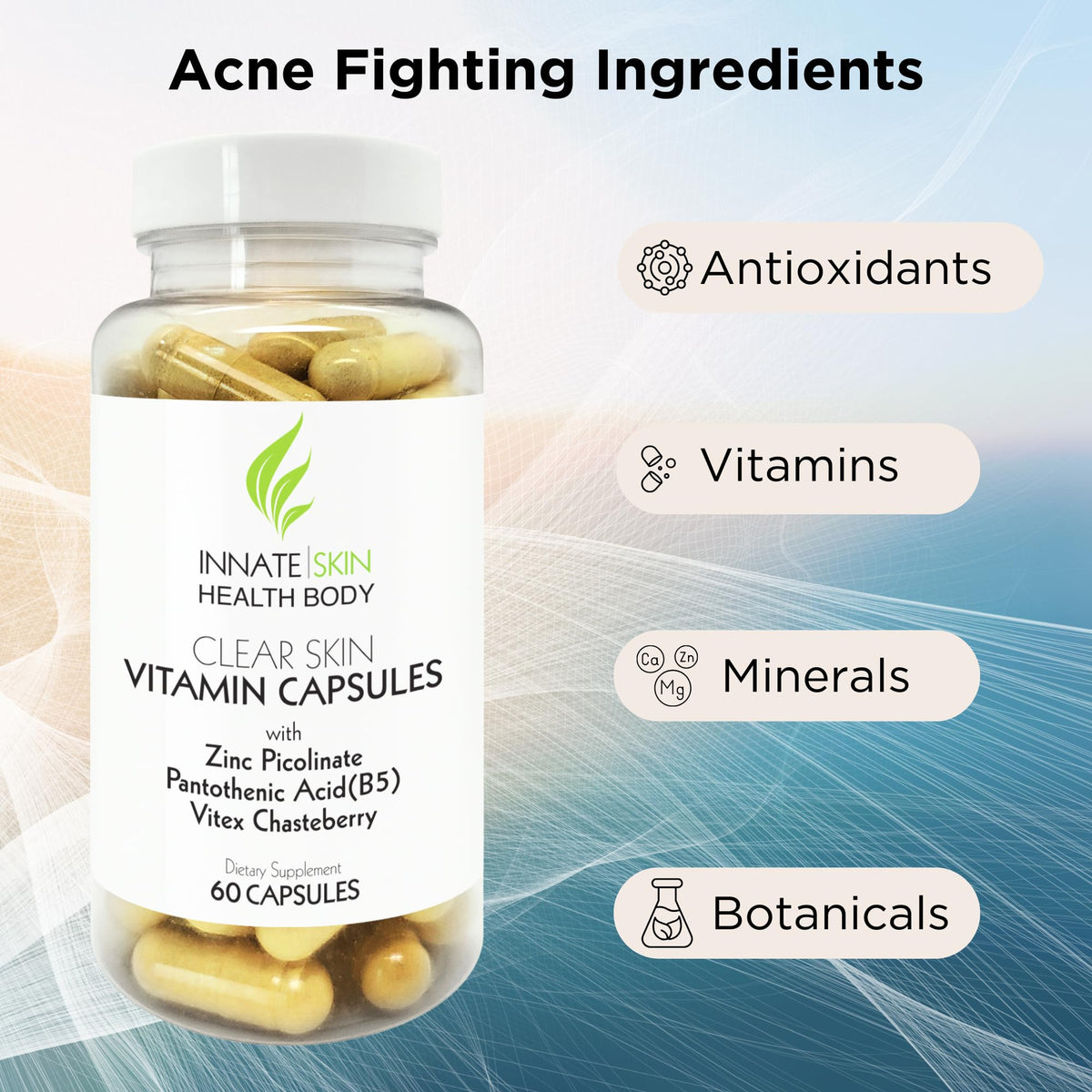 Flacon de capsules Innate Skin avec étiquette visible