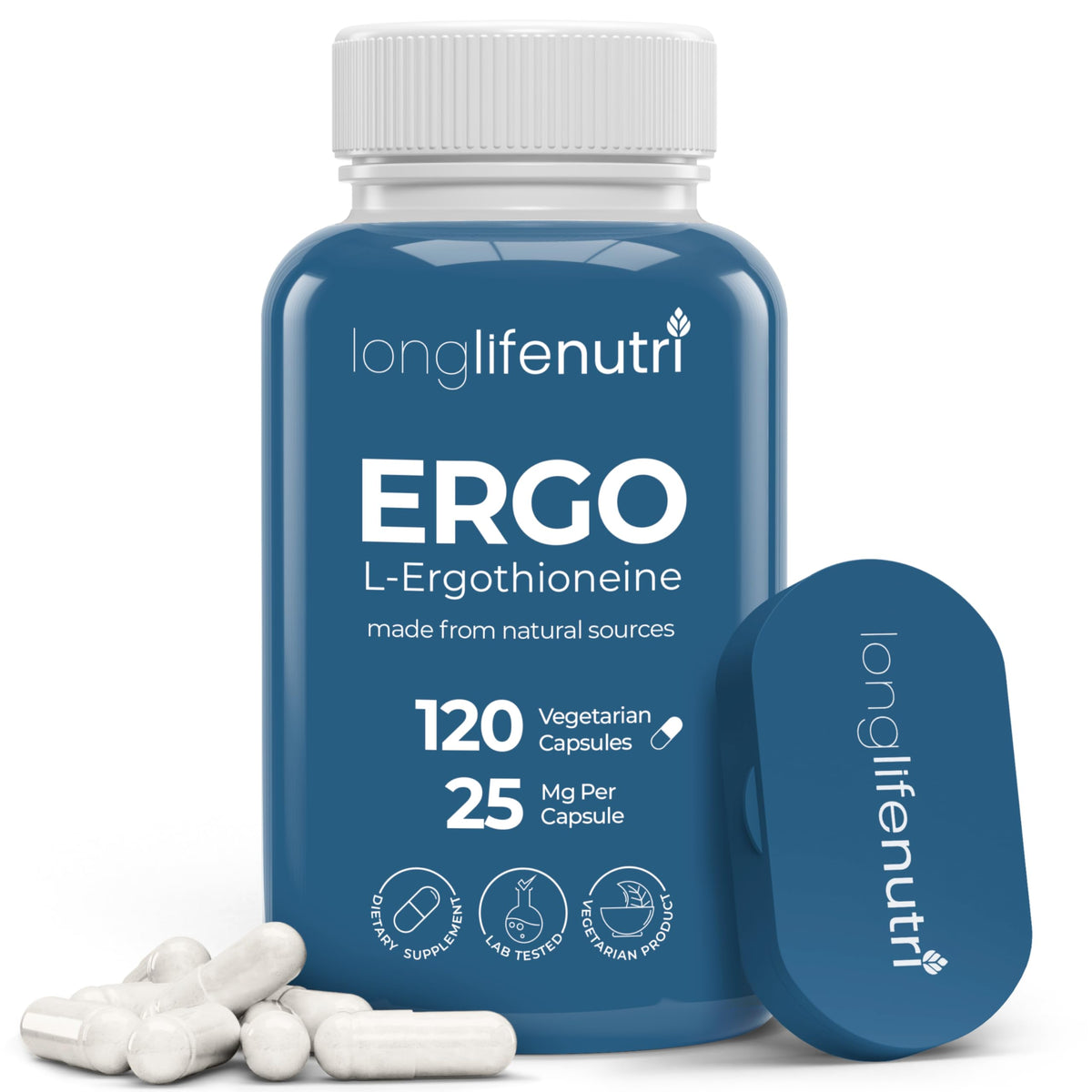 Flacon de capsules L-Ergothioneine 25mg LongLifeNutri vue avant