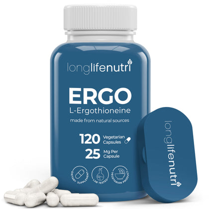 Flacon de capsules L-Ergothioneine 25mg LongLifeNutri vue avant