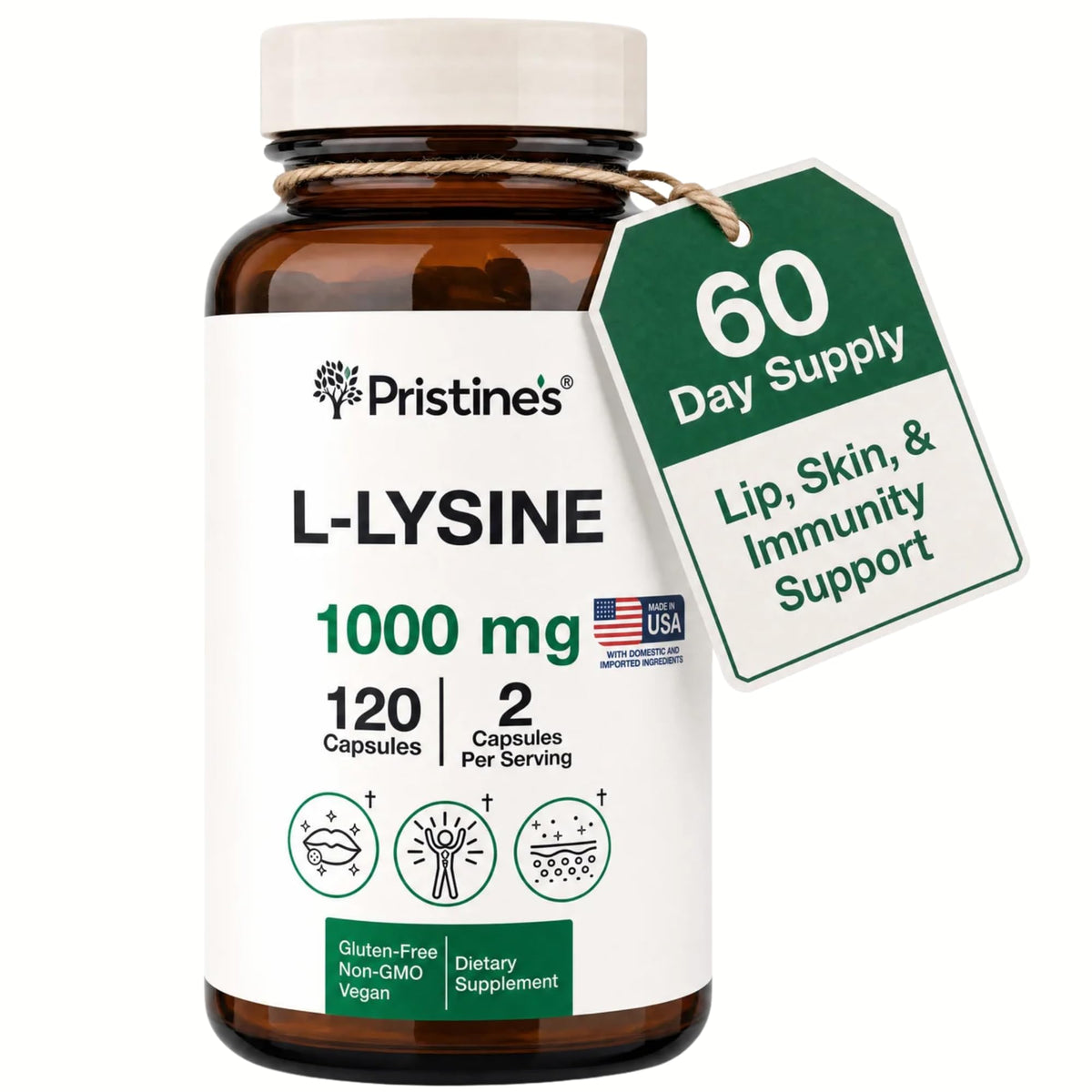 Flacon de capsules L-Lysine PRISTINE'S 1000mg vue de face