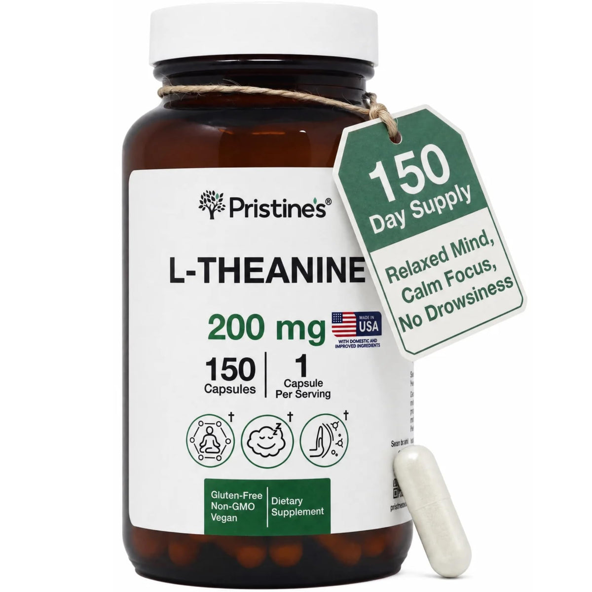 Flacon de capsules L-Theanine 200mg de PRISTINE'S, 150 unités