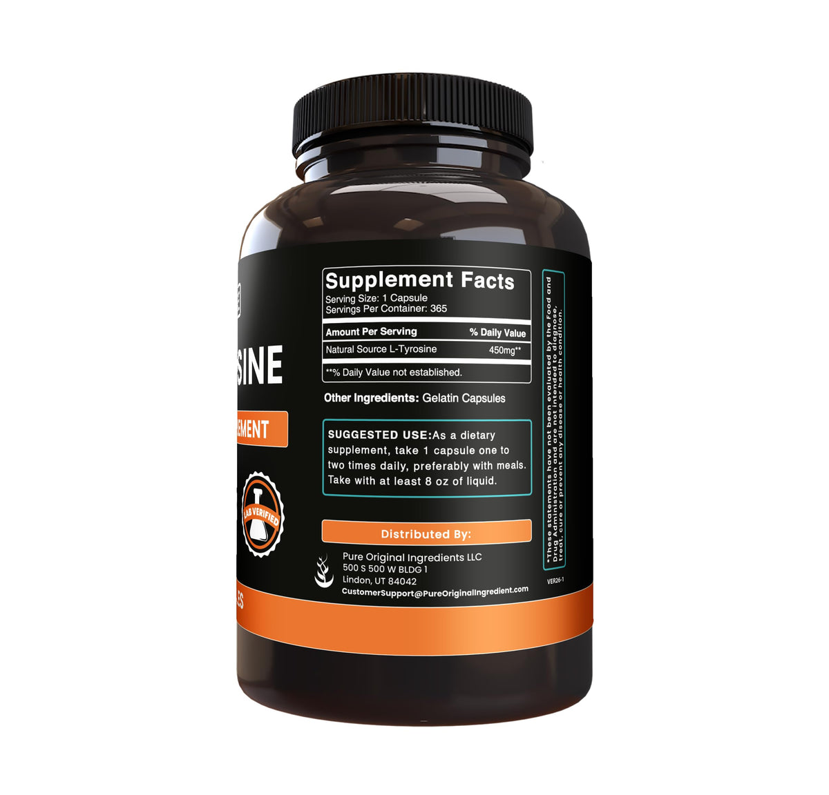 Flacon de capsules L-Tyrosine PURE ORIGINAL INGREDIENTS avec étiquette