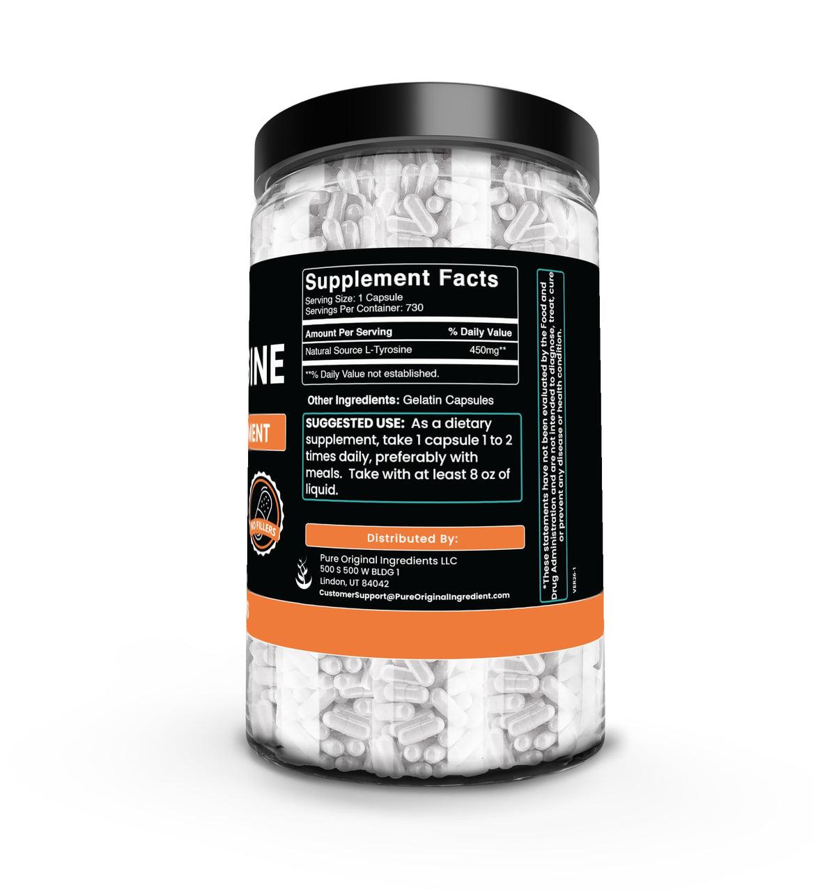Flacon de capsules L-Tyrosine PURE ORIGINAL INGREDIENTS, étiquette détaillée