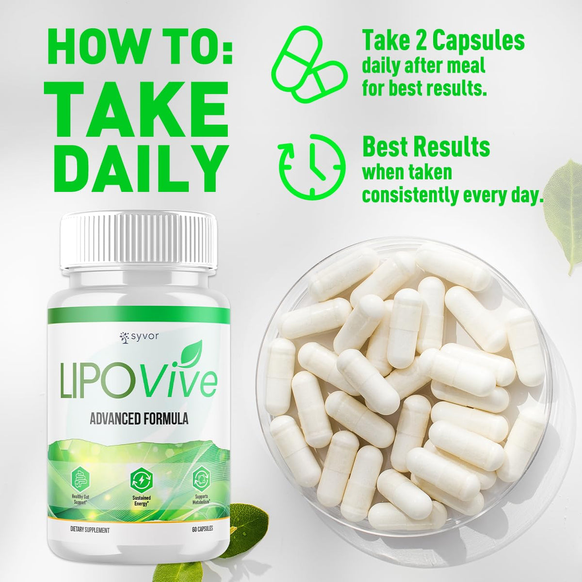 Flacon de capsules Lipovive ouvert avec capsules visibles