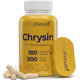 Flacon de capsules LongLifeNutri Chrysin 500mg avec 180 capsules visibles