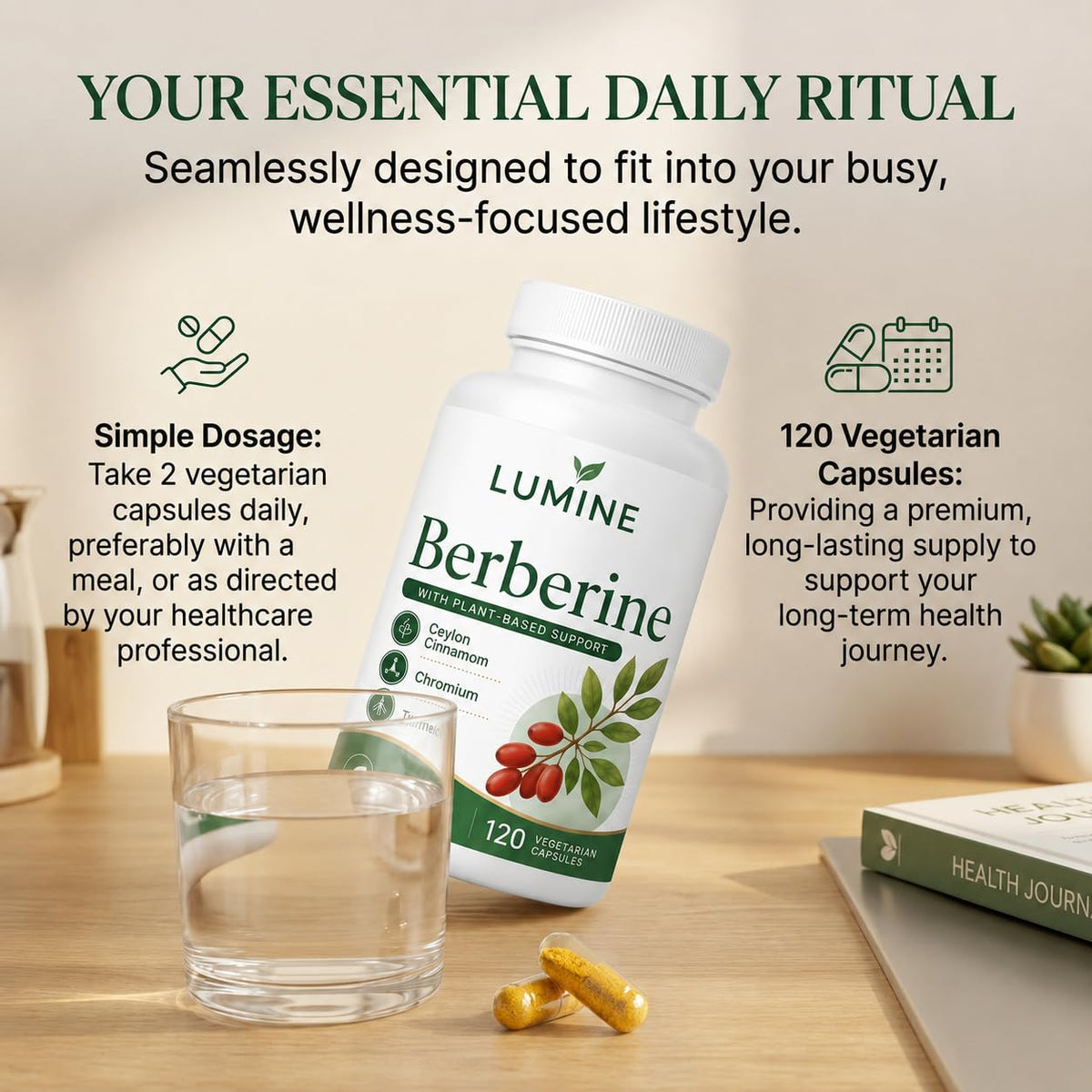 Flacon de capsules LUMINE avec arrière-plan naturel