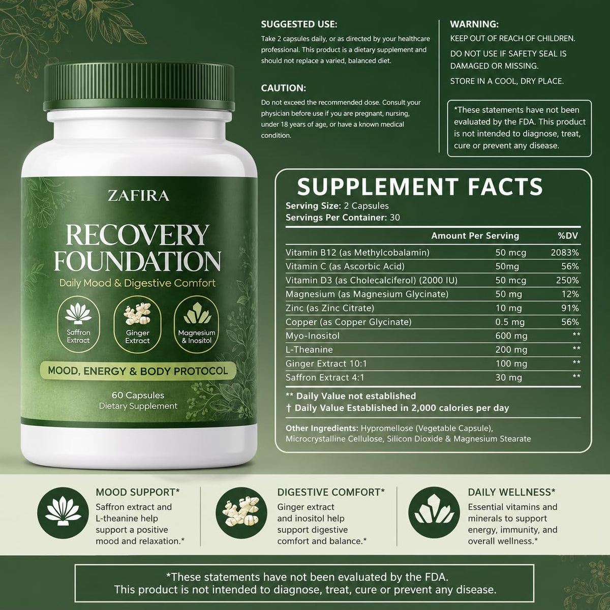 Flacon de capsules Lytavia Zafira Organics sur une table en bois