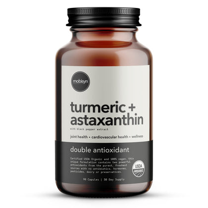 Flacon de capsules Mobisyn contenant Astaxanthin 12mg et Curcuma 1500mg