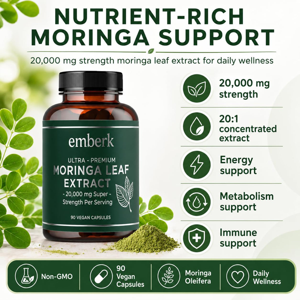 Flacon de capsules Moringa ouvert montrant les capsules à l'intérieur
