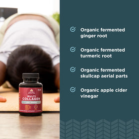 Flacon de capsules Multi Collagène Ancient Nutrition ouvert avec quelques capsules à l'extérieur