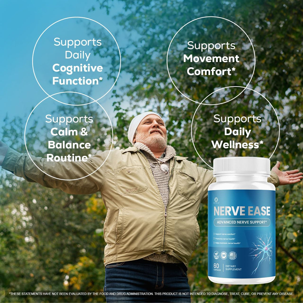 Flacon de Capsules Nerve Ease OVICIA avec étiquette et informations nutritionnelles