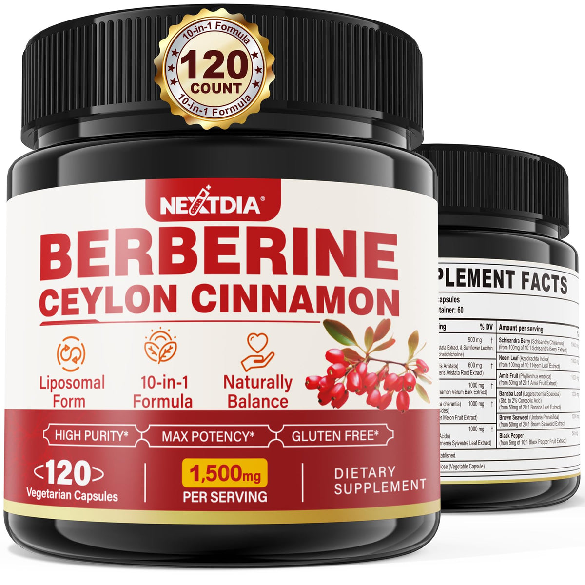 Flacon de capsules Nextdia Berbérine 1500mg avec Cannelle de Ceylan