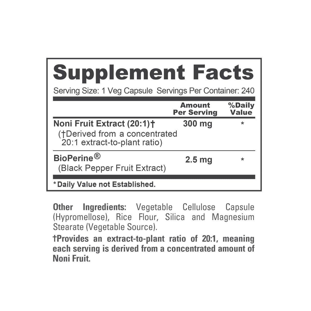 Flacon de capsules Noni Fruit sur une surface en bois
