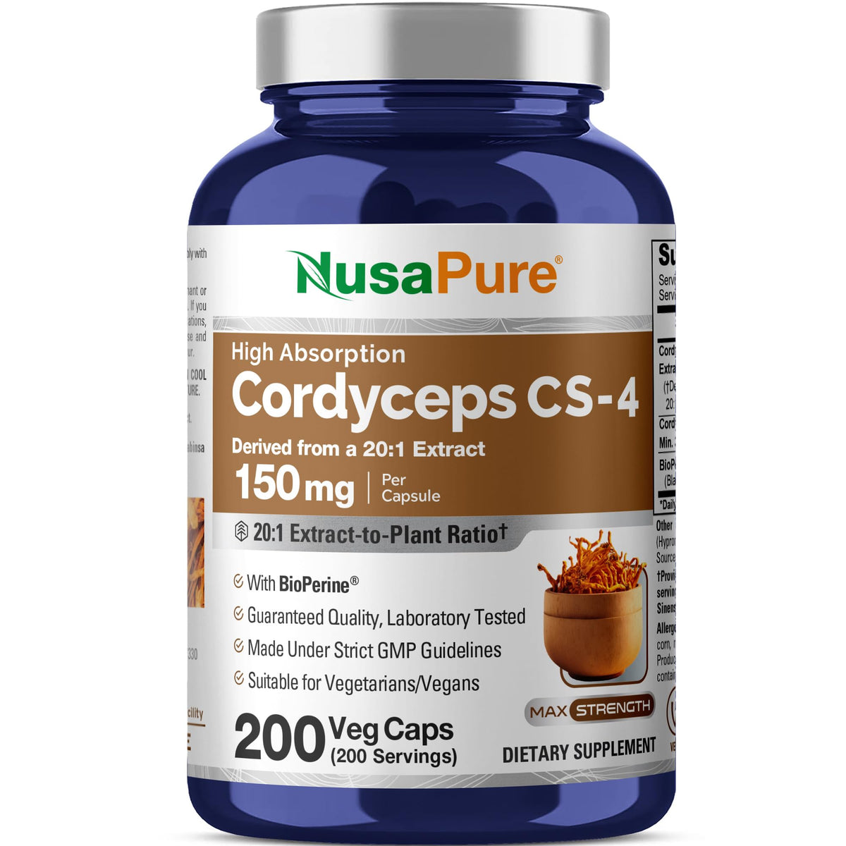 Flacon de capsules NusaPure Cordyceps CS-4 150mg vue de face
