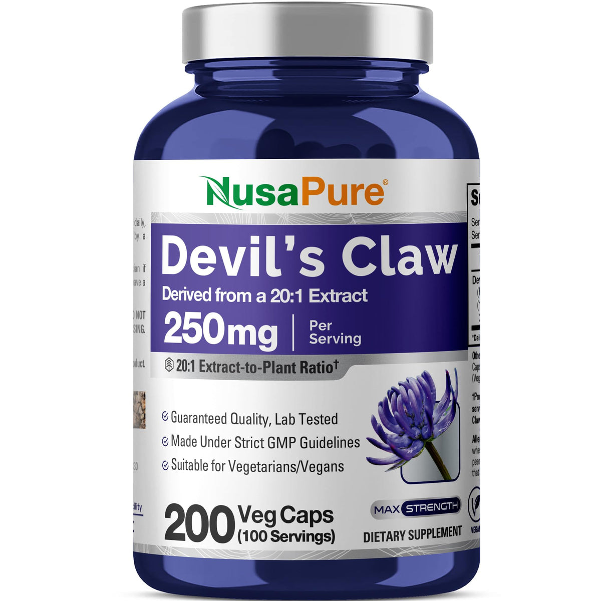 Flacon de capsules NusaPure Devil's Claw 250mg de face