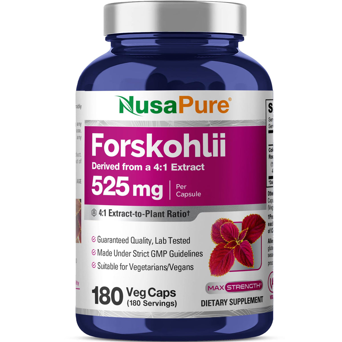 Flacon de capsules NusaPure Forskohlii 525mg avec 180 capsules