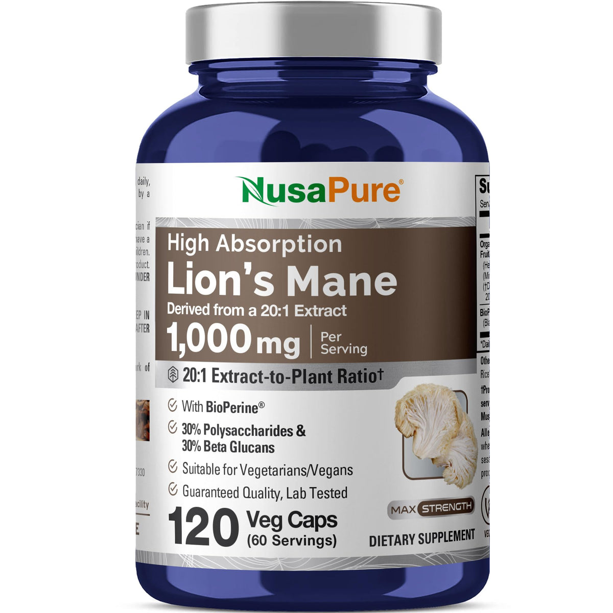 Flacon de capsules NusaPure Lion's Mane 1000mg vue de face