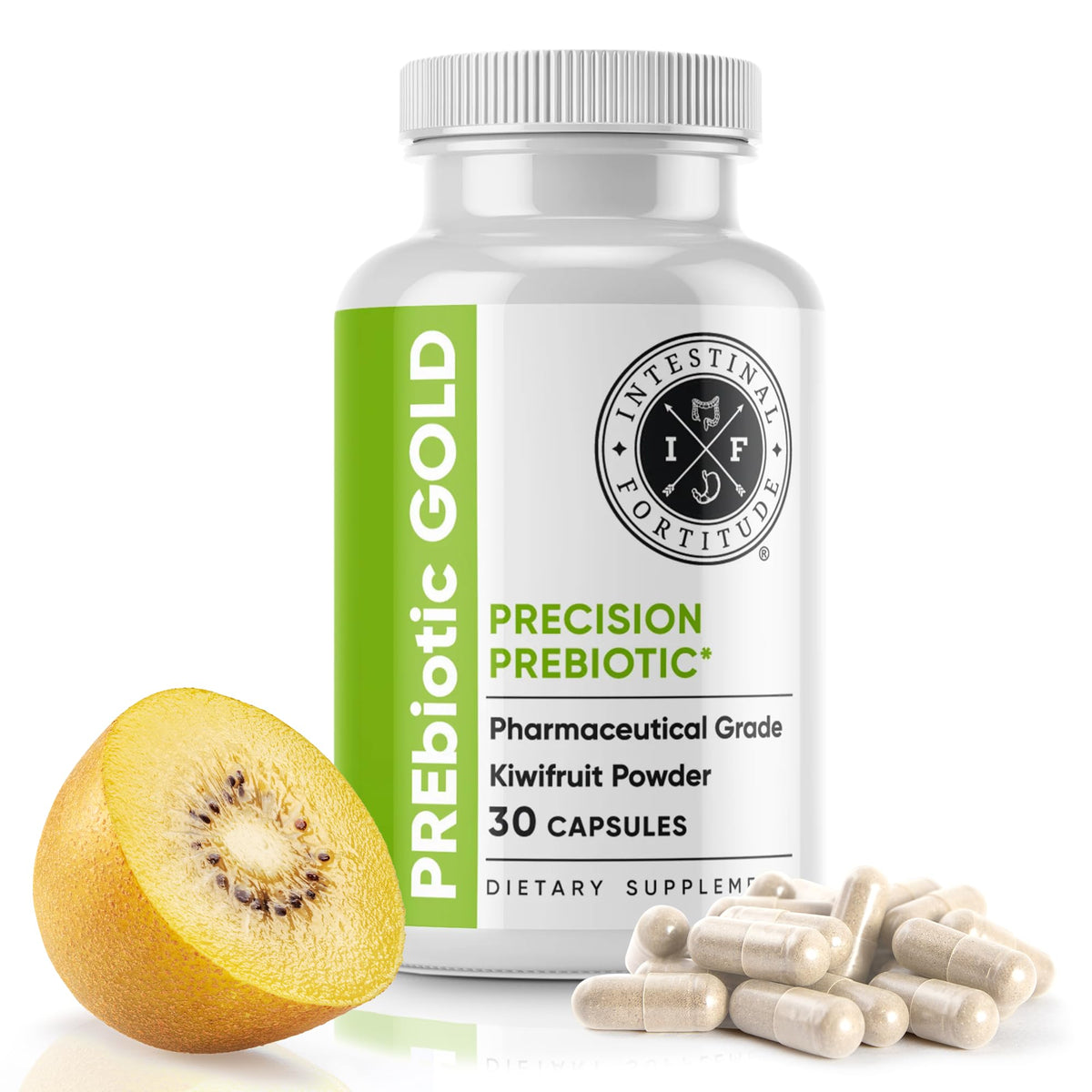 Flacon de capsules prébiotiques Gold Kiwi d'Intestinal Fortitude, vue de face