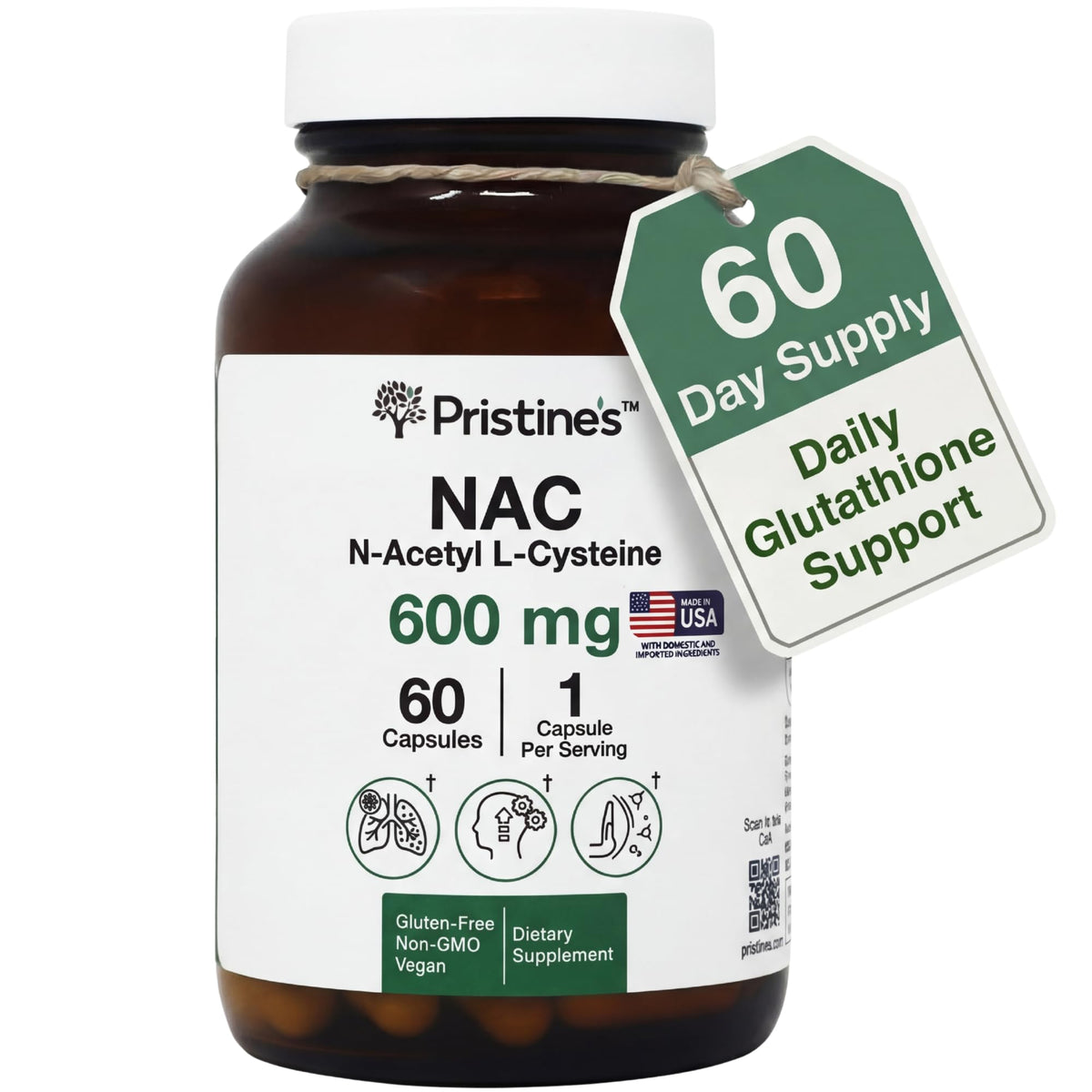 Flacon de capsules PRISTINE'S NAC 600mg vue de face