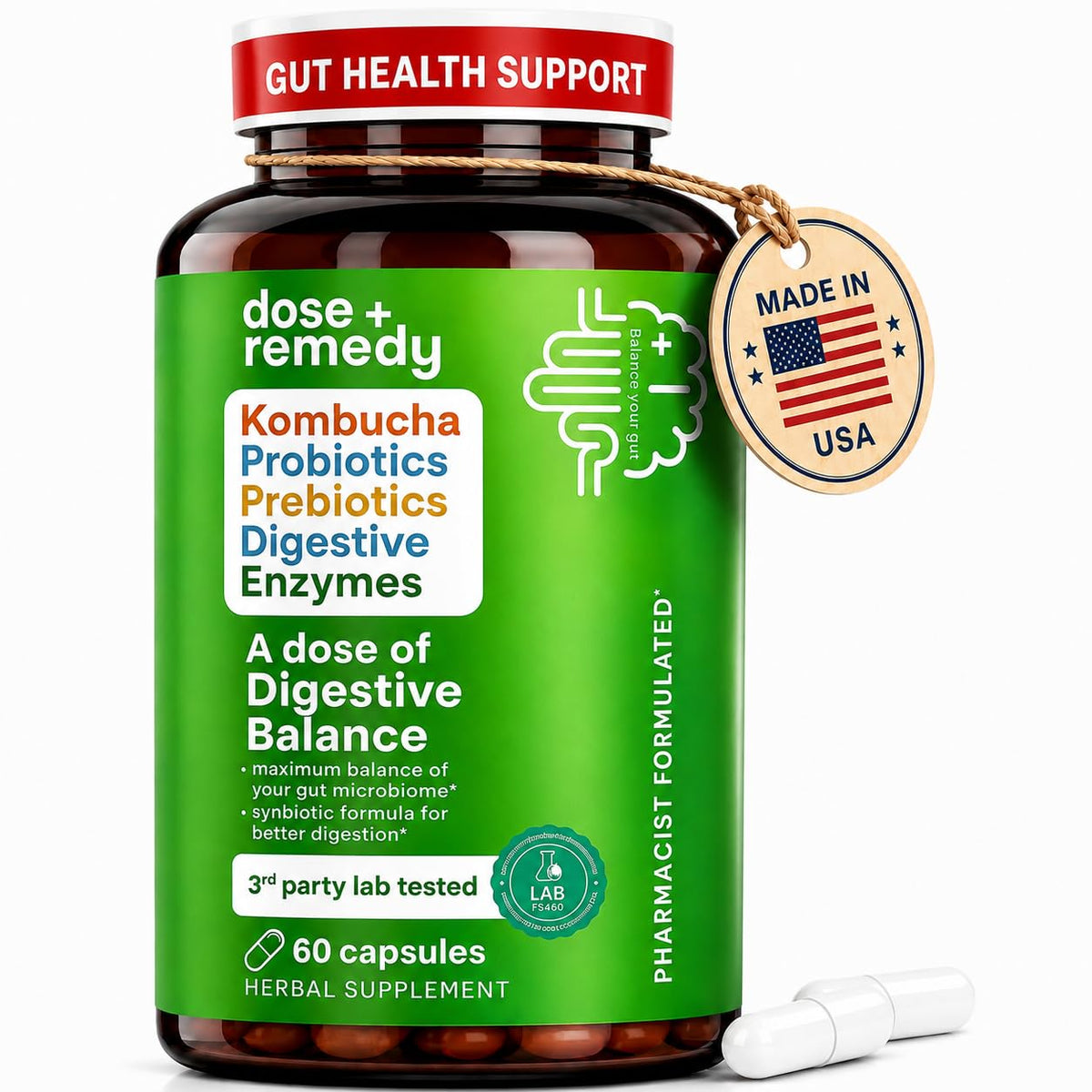 Flacon de capsules probiotiques Kombucha dose + remedy, 60 unités
