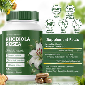 Flacon de capsules Rhodiola Rosea NOQONME, étiquette visible