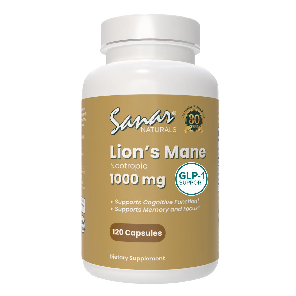 Flacon de capsules Sanar Naturals Lions Mane 1000mg vue de face