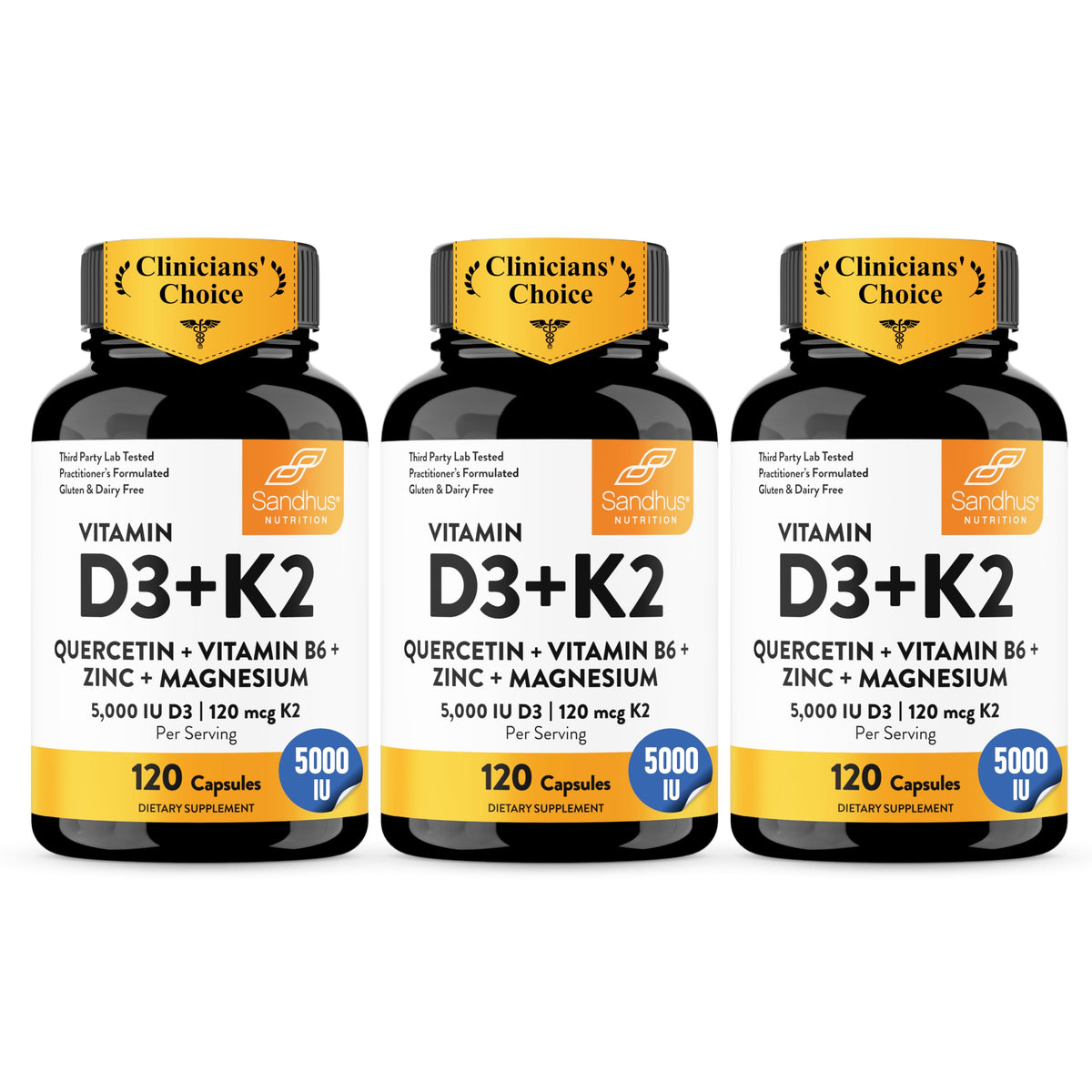 Flacon de capsules Sandhu's D3 K2 5000 IU 120mcg vue avant