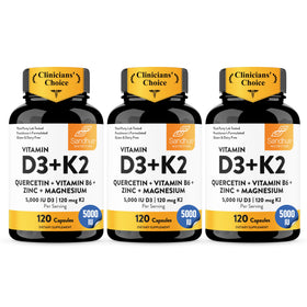 Flacon de capsules Sandhu's D3 K2 5000 IU 120mcg vue avant