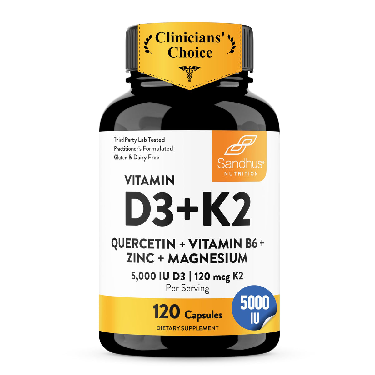 Flacon de capsules Sandhu's D3 K2 5000 UI 120mcg