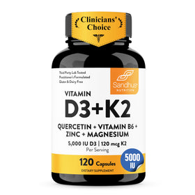 Flacon de capsules Sandhu's D3 K2 5000 UI 120mcg