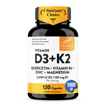 Flacon de capsules Sandhu's D3 K2 5000 UI 120mcg