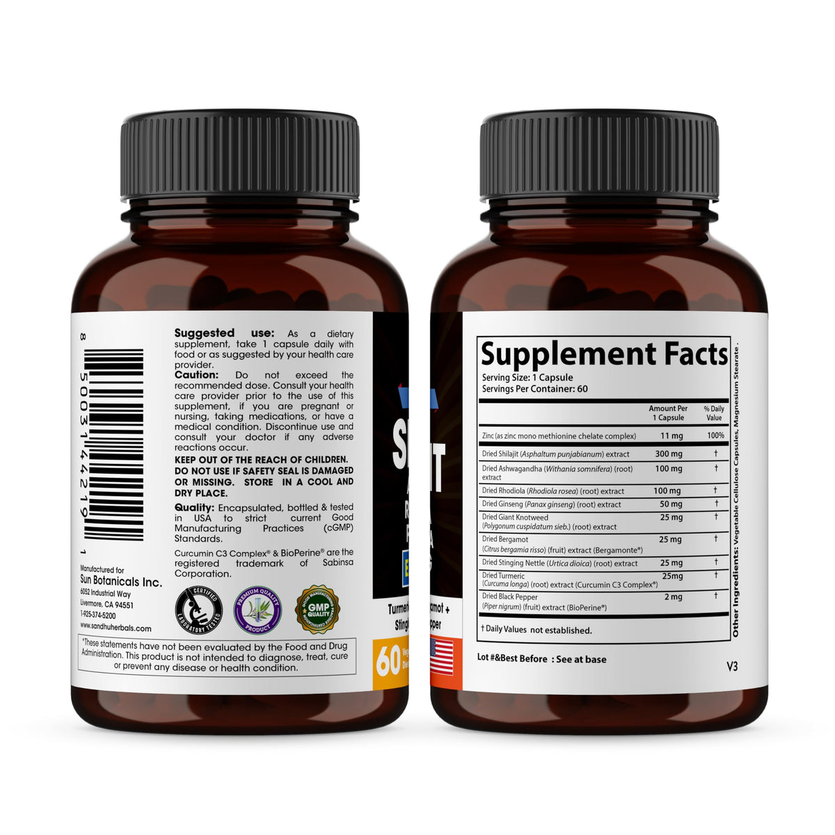 Flacon de capsules SANDHUHERBALS avec étiquette visible