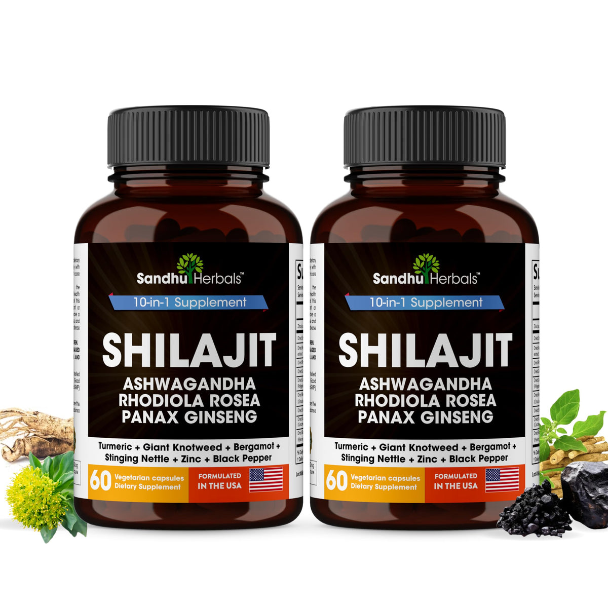 Flacon de capsules SANDHUHERBALS Shilajit 10 en 1 vue de face