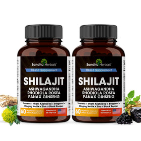 Flacon de capsules SANDHUHERBALS Shilajit 10 en 1 vue de face