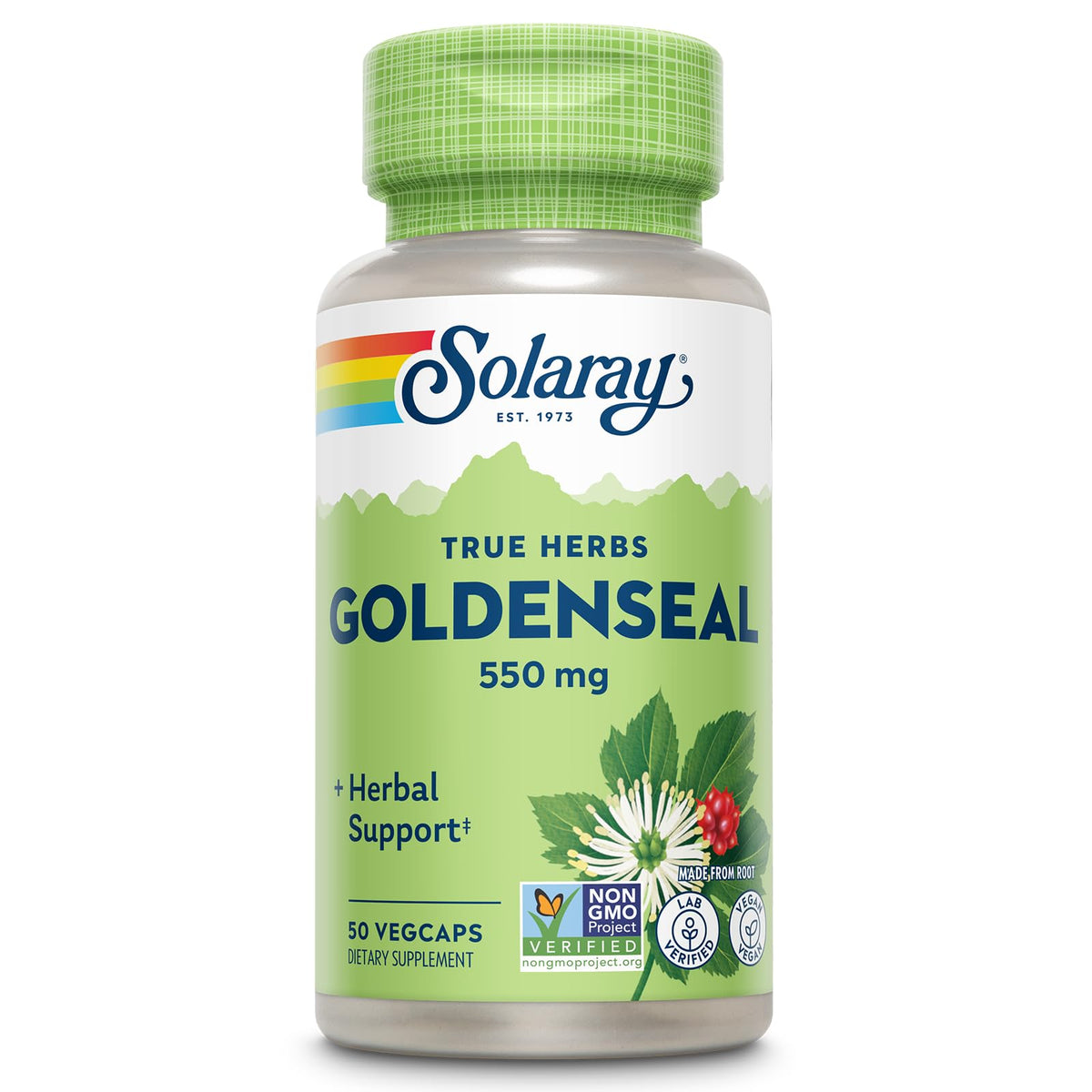 Flacon de capsules SOLARAY Goldenseal 550 mg avec étiquette détaillée