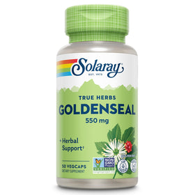 Flacon de capsules SOLARAY Goldenseal 550 mg avec étiquette détaillée